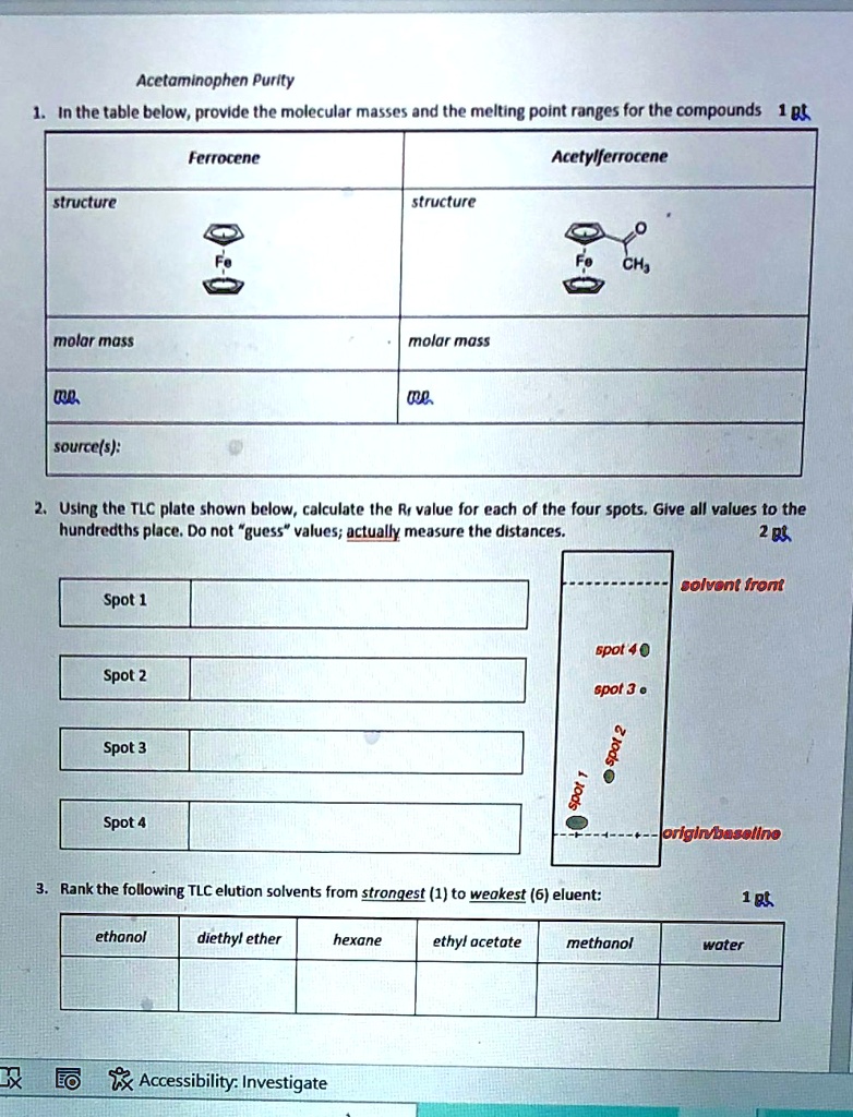 Acetaminophen Purity 1. In the table below, provide the molecular ...