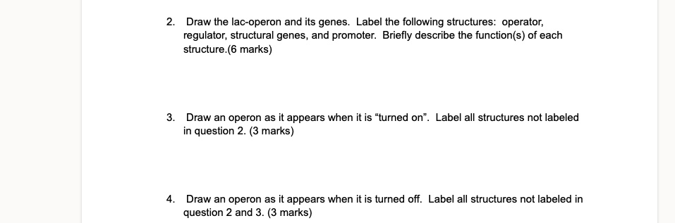 2. Draw the lac-operon and its genes. Label the following structures: operator,
regulator, structural genes, and promoter. Briefly describe the function(s) of each
structure.(6 marks)

3. Draw an operon as it appears when it is ?turned on?. Label all structures not labeled
in question 2. (3 marks)

4. Draw an operon as it appears when it is turned off. Label all structures not labeled in
question 2 and 3. (3 marks)