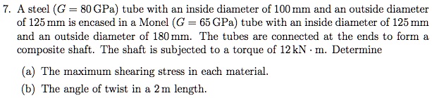 SOLVED: A steel (G = 80 GPa) tube with an inside diameter of 100 mm and ...