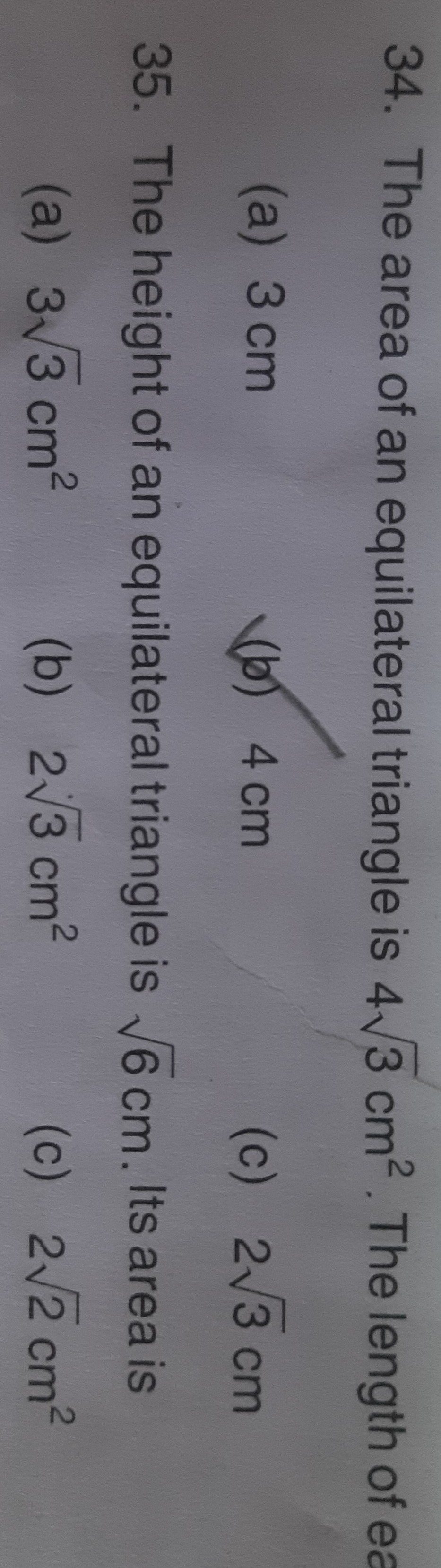 find the area of equilateral triangle with side 4 √ 3 cm