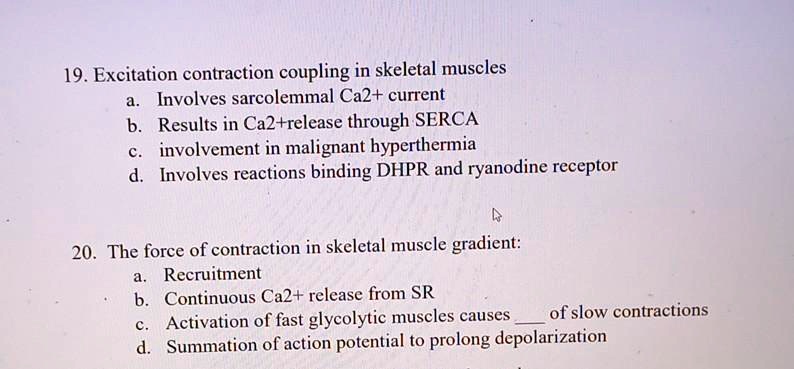 19. Excitation contraction coupling in skeletal muscles
a. Involves sarcolemmal Ca2+ current
b. Results in Ca2+release through SERCA
c. involvement in malignant hyperthermia
d. Involves reactions binding DHPR and ryanodine receptor
20. The force of contraction in skeletal muscle gradient:
a. Recruitment
b. Continuous Ca2+ release from SR
c. Activation of fast glycolytic muscles causes  of slow contractions
d. Summation of action potential to prolong depolarization