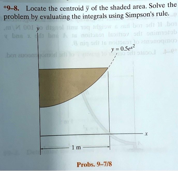 *9-8. Locate the centroid y? of the shaded area. Solve the problem by evaluating the integrals using Simpson's rule. 
y = 0.5e^x^2