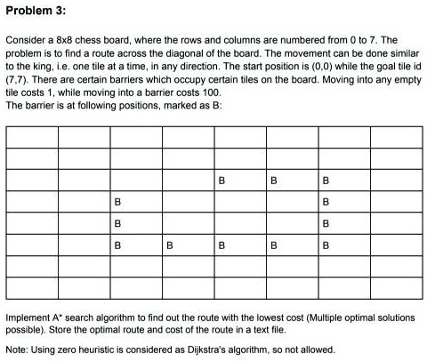 Problem 3:
Consider a 8x8 chess board, where the rows and columns are numbered from 0 to 7. The
problem is to find a route across the diagonal of the board. The movement can be done similar
to the king, i.e. one tile at a time, in any direction. The start position is (0,0) while the goal tile id
(7,7). There are certain barriers which occupy certain tiles on the board. Moving into any empty
tile costs 1, while moving into a barrier costs 100.
The barrier is at following positions, marked as B:
B
B
B
B
B
B
B
B
B
B
B
B
Implement A* search algorithm to find out the route with the lowest cost (Multiple optimal solutions
possible). Store the optimal route and cost of the route in a text file.
Note: Using zero heuristic is considered as Dijkstra's algorithm, so not allowed.