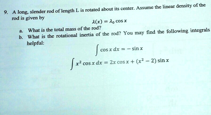 Assume the linear density of the 9 long; slender rod of length L is ...