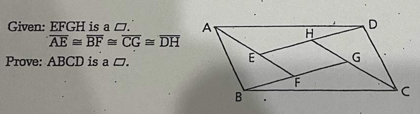 Given: EFGH is a ( square ).
[
overlinemathrmAE cong overlinemathrmBF cong overlinemathrmCG cong overlinemathrmDH
]

Prove: ( A B C D ) is a ( square ).