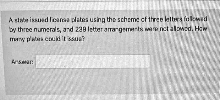 A state issued license plates using the scheme of three...