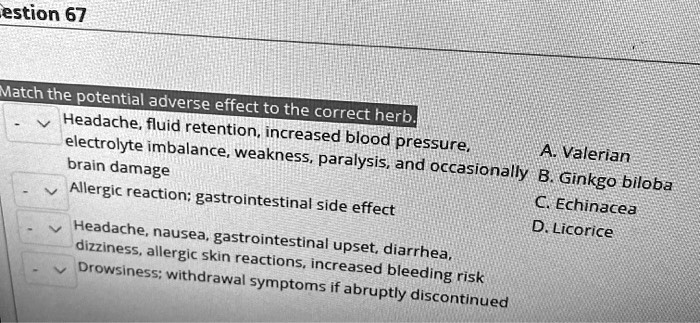 Match the potential adverse effect to the correct herb.
Headache, fluid retention, increased blood pressure, electrolyte imbalance, weakness, paralysis, and occasionally brain damage
Allergic reaction; gastrointestinal side effect
Headache, nausea, gastrointestinal upset, diarrhea, dizziness, allergic skin reactions, increased bleeding risk
Drowsiness; withdrawal symptoms if abruptly discontinued
A. Valerian
B. Ginkgo biloba
C. Echinacea
D. Licorice