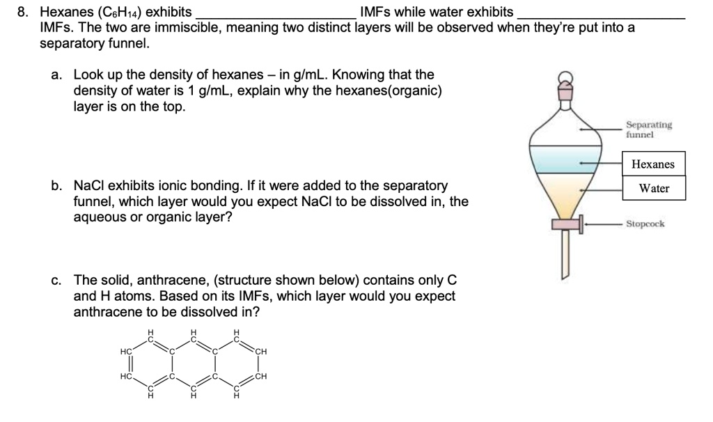 SOLVED Hexanes (CsH14) exhibits IMFs while water exhibits IMFs. The two are immiscible, meaning