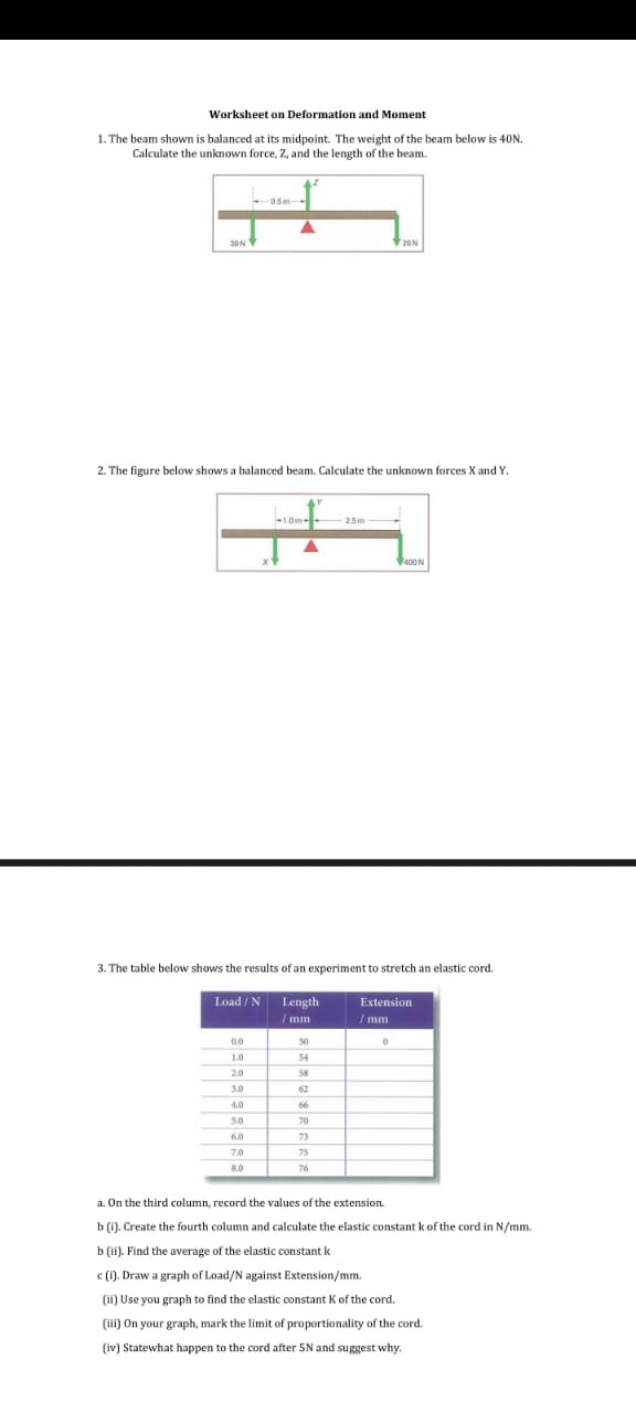 SOLVED Worksheet on Deformation and Moment 1. The beam shown is balanced at its midpoint. The