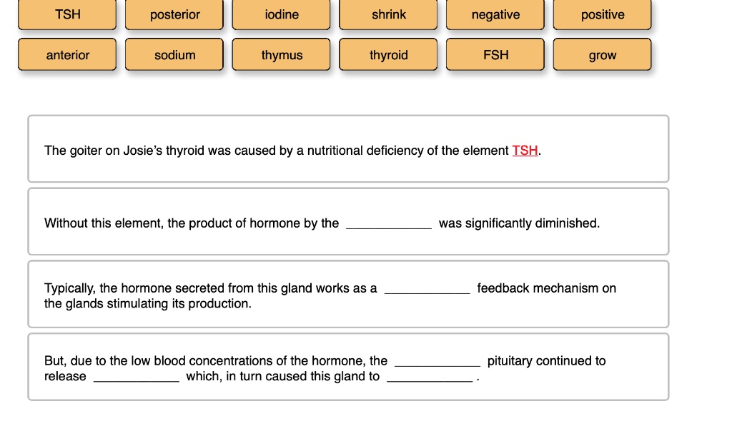 TSH
posterior
iodine
shrink
negative
positive
anterior
sodium
thymus
thyroid
FSH
grow
The goiter on Josie's thyroid was caused by a nutritional deficiency of the element TSH.
Without this element, the product of hormone by the  was significantly diminished.
Typically, the hormone secreted from this gland works as a  feedback mechanism on the glands stimulating its production.
But, due to the low blood concentrations of the hormone, the  pituitary continued to release  which, in turn caused this gland to  .