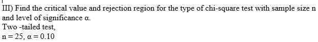 III) Find the critical value and rejection region for the type of chi-square test with sample size n and level of significance ?.
Two -tailed test,
n = 25, ? = 0.10