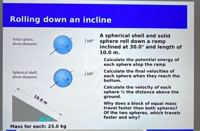 Rolling down an incline A spherical shell and solid sphere roll down a ...