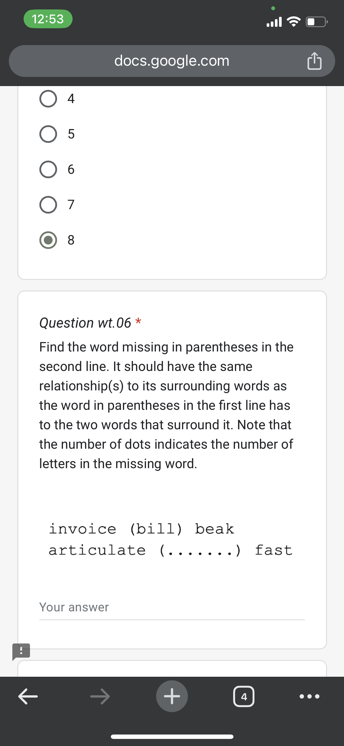 12: 53 docs.google.com 4 5 6 7 8 Question wt. 06 * Find the word ...