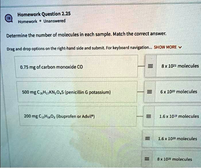 SOLVED Determine the number of molecules in each sample. Match the