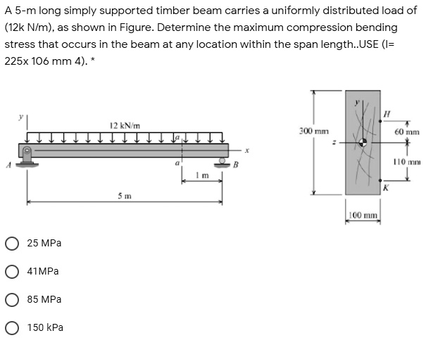 A 5-m long simply supported timber beam carries a uniformly distributed ...