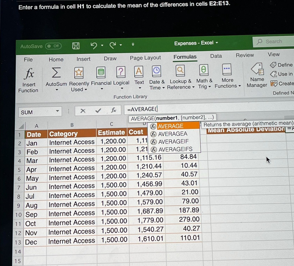 SOLVED: Enter a formula to calculate the mean of differences in cells ...