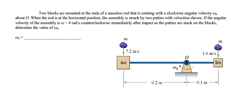 Two blocks are mounted at the ends of a massless rod that is rotating ...
