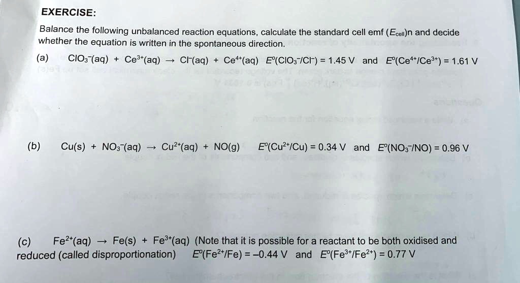 SOLVED EXERCISE Balance the following unbalanced reaction equations