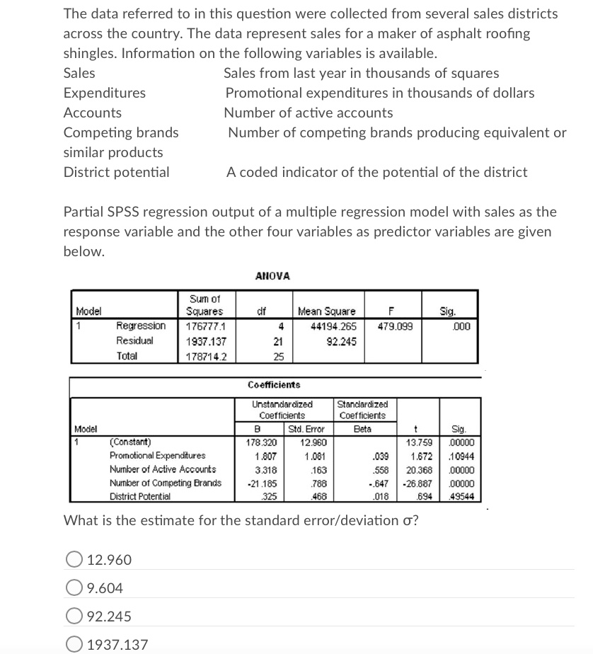 The data referred to in this question were collected from several sales districts across the country. The data represent sales for a maker of asphalt roofing shingles. Information on the following variables is available.
Sales Sales from last year in thousands of squares
Expenditures Promotional expenditures in thousands of dollars
Accounts Number of active accounts
Competing brands Number of competing brands producing equivalent or similar products
District potential A coded indicator of the potential of the district

Partial SPSS regression output of a multiple regression model with sales as the response variable and the other four variables as predictor variables are given below.

ANOVA
Model Sum of Squares df Mean Square F Sig.
1 Regression 176777.1 4 44194.265 479.099 .000
Residual 1937.137 21 92.245
Total 178714.2 25

Coefficients
Model Unstandardized Coefficients Standardized Coefficients t Sig.
B Std. Error Beta
1 (Constant) 178.320 12.960 13.759 .00000
Promotional Expenditures 1.807 1.081 .039 1.672 .10944
Number of Active Accounts 3.318 .163 .558 20.368 .00000
Number of Competing Brands -21.185 .788 -.647 -26.887 .00000
District Potential .325 .468 .018 .694 .49544

What is the estimate for the standard error/deviation ??
12.960
9.604
92.245
1937.137