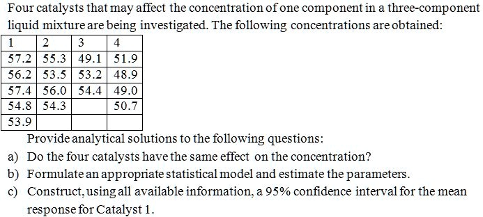 Four catalysts that may affect the concentration of one component in a three-component liquid mixture are being investigated. The following concentrations are obtained:
1 2 3 4
57.2 55.3 49.1 51.9
56.2 53.5 53.2 48.9
57.4 56.0 54.4 49.0
54.8 54.3 50.7
53.9
Provide analytical solutions to the following questions:
a) Do the four catalysts have the same effect on the concentration?
b) Formulate an appropriate statistical model and estimate the parameters.
c) Construct, using all available information, a 95% confidence interval for the mean response for Catalyst 1.