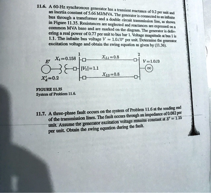 11.6. A 60-Hz synchronous generator has a transient reactance of 0.2 per unit and an inertia constant of 5.66 MJ/MVA. The generator is connected to an infinite bus through a transformer and a double circuit transmission line, as shown in Figure 11.35. Resistances are neglected and reactances are expressed on a common MVA base and are marked on the diagram. The generator is delivering a real power of 0.77 per unit to bus bar 1. Voltage magnitude at bus 1 is 1.1. The infinite bus voltage V = 1.0?0° per unit. Determine the generator excitation voltage and obtain the swing equation as given by (11.36).

FIGURE 11.35
System of Problem 11.6.

11.7. A three-phase fault occurs on the system of Problem 11.6 at the sending end of the transmission lines. The fault occurs through an impedance of 0.082 per unit. Assume the generator excitation voltage remains constant at E' = 1.25 per unit. Obtain the swing equation during the fault.
