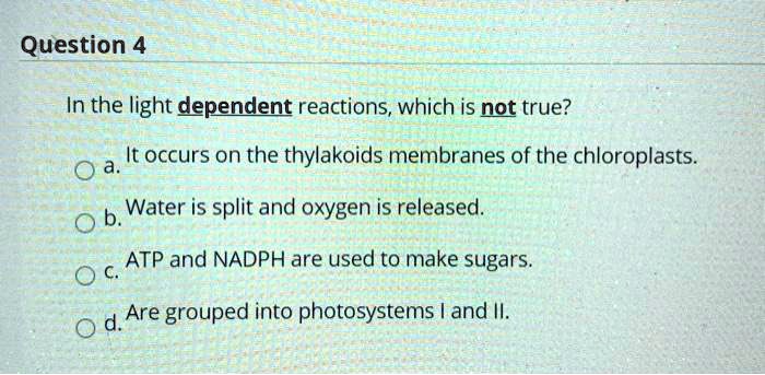 SOLVED:Question 4 In the light dependent reactions, which is not true