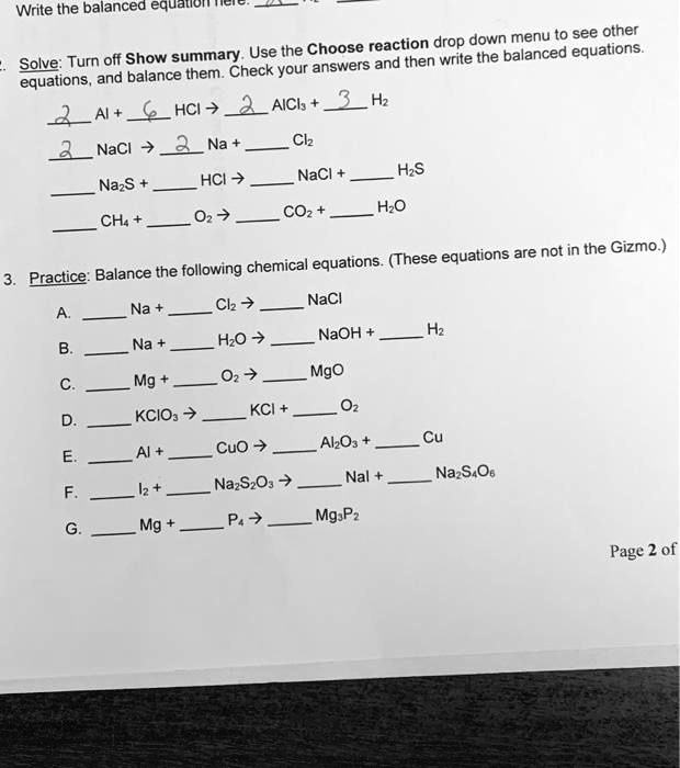 Student Exploration Balancing Chemical Equations Activity B Answers ...