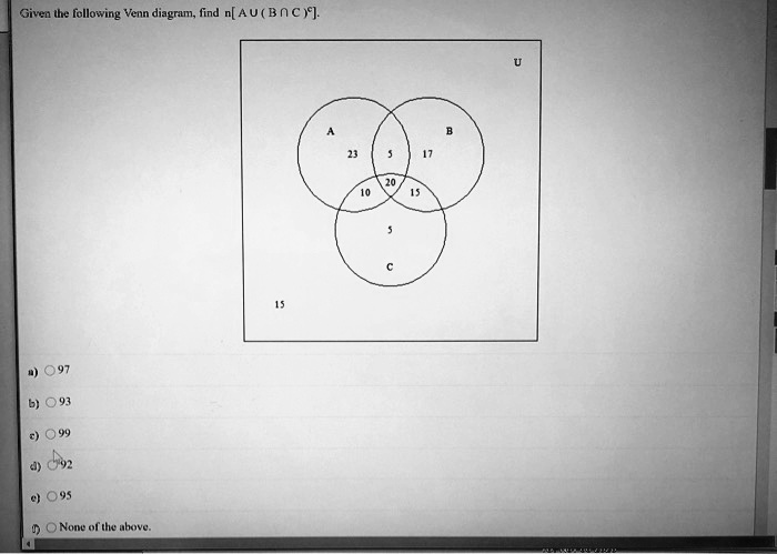 SOLVED: Given The Following Venn Diagram, Find N(A U (B âˆ© C)). Note ...