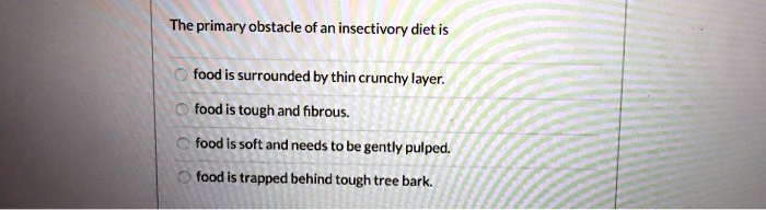 The primary obstacle of an insectivory diet is
food is surrounded by thin crunchy layer.
food is tough and fibrous.
food is soft and needs to be gently pulped.
food is trapped behind tough tree bark.