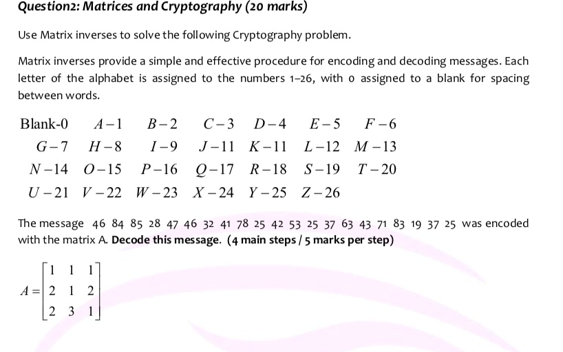 SOLVED: Question 2: Matrices And Cryptography (20 Marks) Use Matrix ...