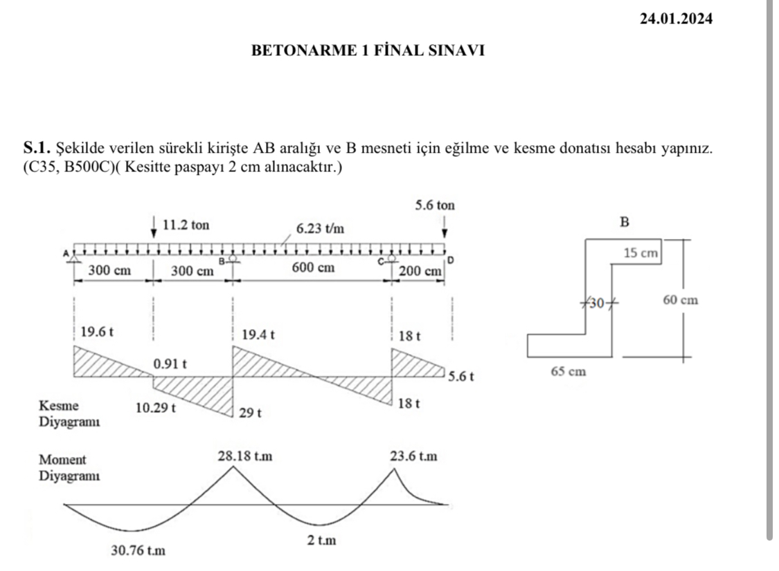 SOLVED: 24.01.2024 BETONARME 1 FINAL SINAVI S.1. ?ekilde Verilen ...