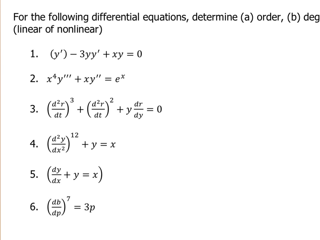 Solved For The Following Differential Equations Determine A Order B Deg Linear Of Nonlinear 1 Y 3yy Xy 0 2 Xty Xy Ex 3 A Y3 Dr 0