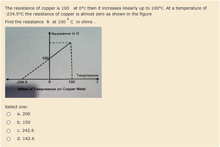 SOLVEDThe resistance of copper is 100 at O8c then it increases