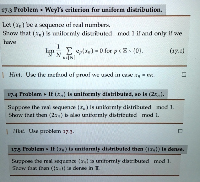 Solved 173 Problem Weyls Criterion For Uniform Distribution Let Xn Be A Sequence Of Real 7455