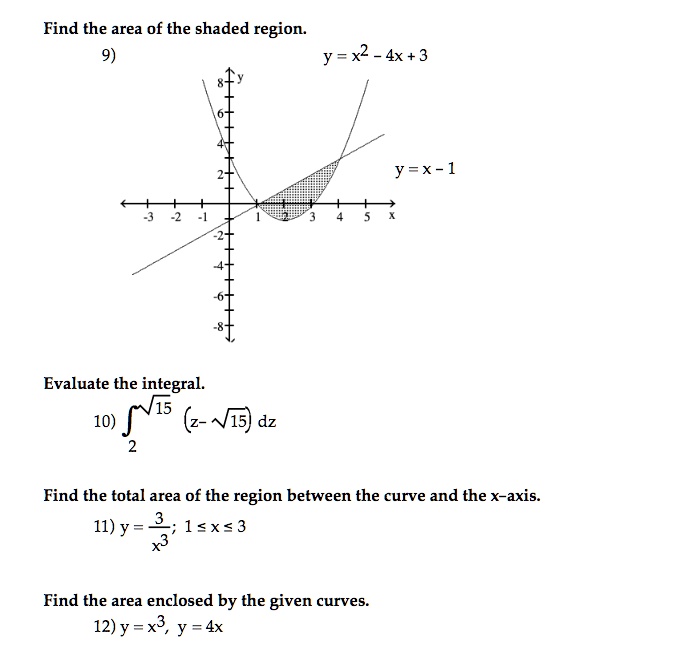 Solved Find The Area Of The Shaded Region Y X2 4x 3 Y X 1 Evaluate The Integral 15 10 15 Dz Find The Total Area Of The Region Between The Curve And The X Axis 1l