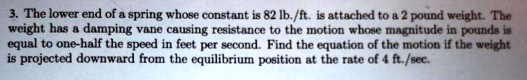 SOLVED: 3. The lower end of a spring whose constant is 82 Ib/ft. is ...