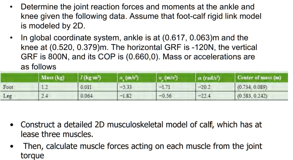 Determine the joint reaction forces and moments at the ankle...