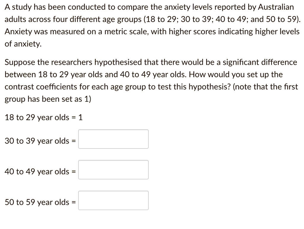 A study has been conducted to compare the anxiety levels reported by Australian adults across four different age groups (18 to 29; 30 to 39; 40 to 49; and 50 to 59). Anxiety was measured on a metric scale, with higher scores indicating higher levels of anxiety. Suppose the researchers hypothesised that there would be a significant difference between 18 to 29 year olds and 40 to 49 year olds. How would you set up the contrast coefficients for each age group to test this hypothesis? (note that the first group has been set as 1) 18 to 29 year olds = 1 30 to 39 year olds = 40 to 49 year olds = 50 to 59 year olds =