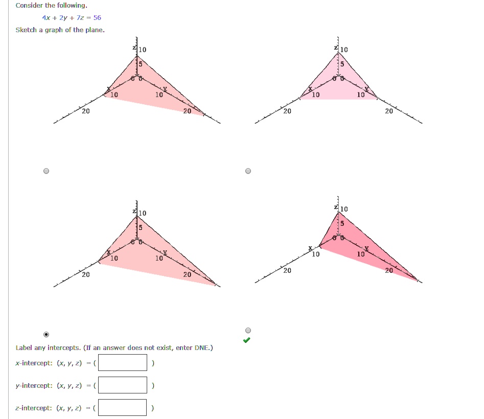 Solved Consider The Following 4x 2y Jz 56 Sketch Graph Of The Plane Label Any Intercepts If An Answer Does Not Exist Enter Dne X Intercept Y 2 Y Intercept Y