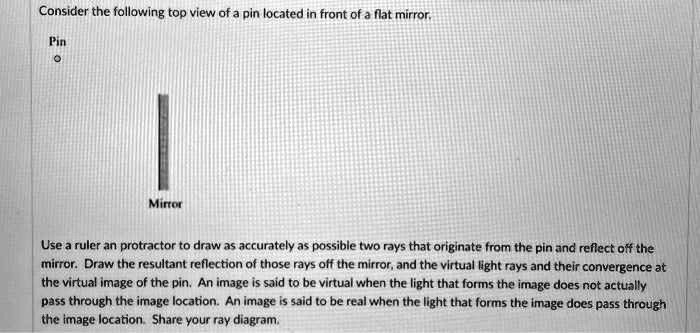 Consider the following top view of a pin located in front of a flat mirror.
Pin
Mirror
Use a ruler an protractor to draw as accurately as possible two rays that originate from the pin and reflect off the mirror. Draw the resultant reflection of those rays off the mirror, and the virtual light rays and their convergence at the virtual image of the pin. An image is said to be virtual when the light that forms the image does not actually pass through the image location. An image is said to be real when the light that forms the image does pass through the image location. Share your ray diagram.