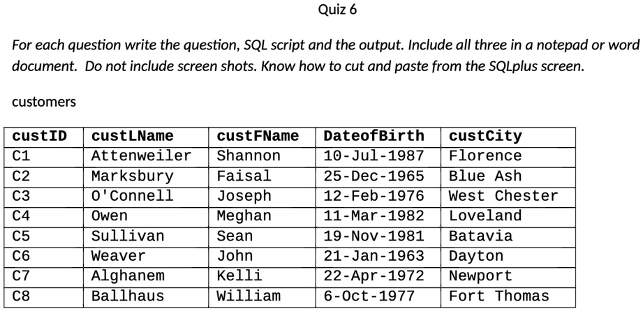 Quiz 6 For each question, write the question, SQL script, and the ...
