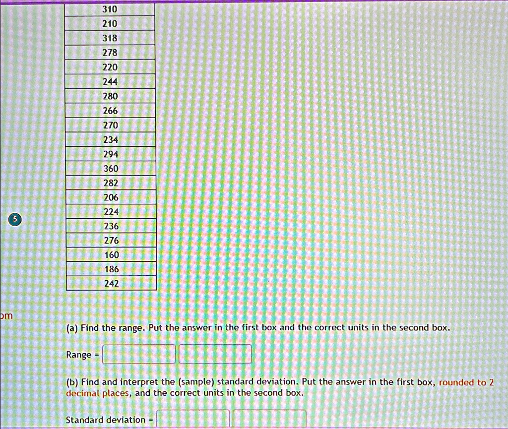 5 table310210318278220244280266270234294360282206224236276160186242 a find the range put the answer in the first box and the correct units in the second box range b find and interpret the sa 12807