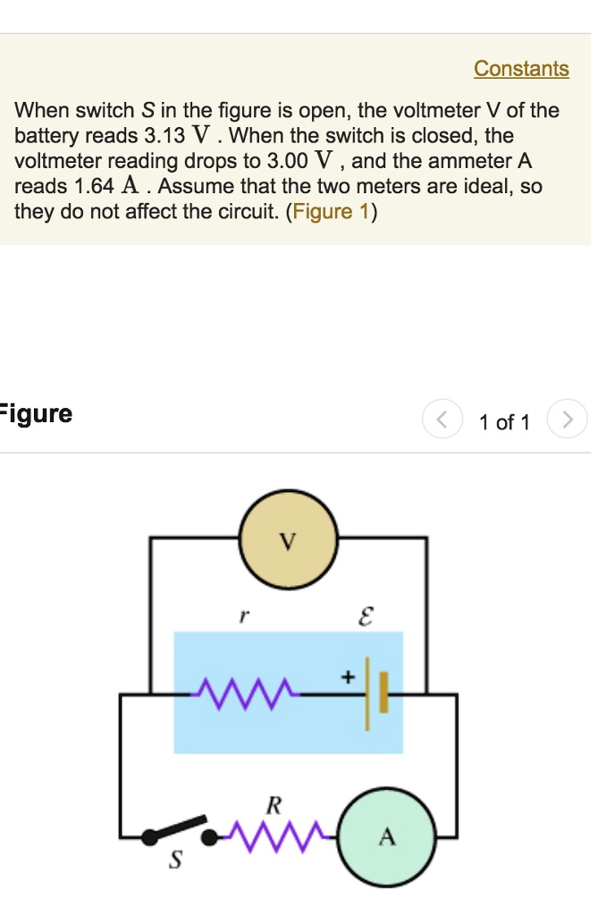 SOLVED Constants When switch S in the figure is open, the voltmeter V of the battery reads 3.13