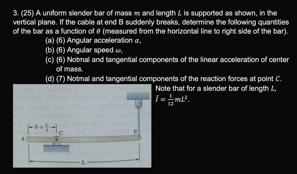 SOLVED: (25) A uniform slender bar of mass m and length L is supported ...
