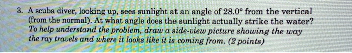 3. A scuba diver, looking up, sees sunlight at an angle of 28.0° from the vertical (from the normal). At what angle does the sunlight actually strike the water? To help understand the problem, draw a side-view picture showing the way the ray travels and where it looks like it is coming from. (2 points)
