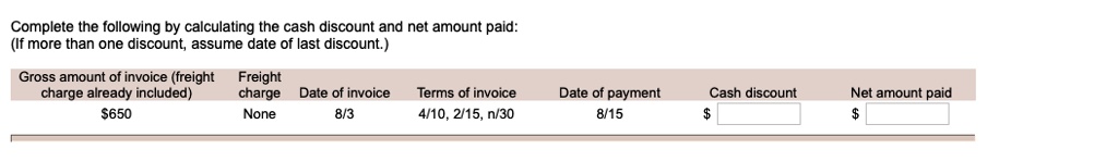 Complete the following by calculating the cash discount and net amount paid:
(If more than one discount, assume date of last discount.)
Gross amount of invoice (freight charge already included) Freight charge Date of invoice Terms of invoice Date of payment Cash discount Net amount paid
650 None 8/3 4/10, 2/15, n/30 8/15 