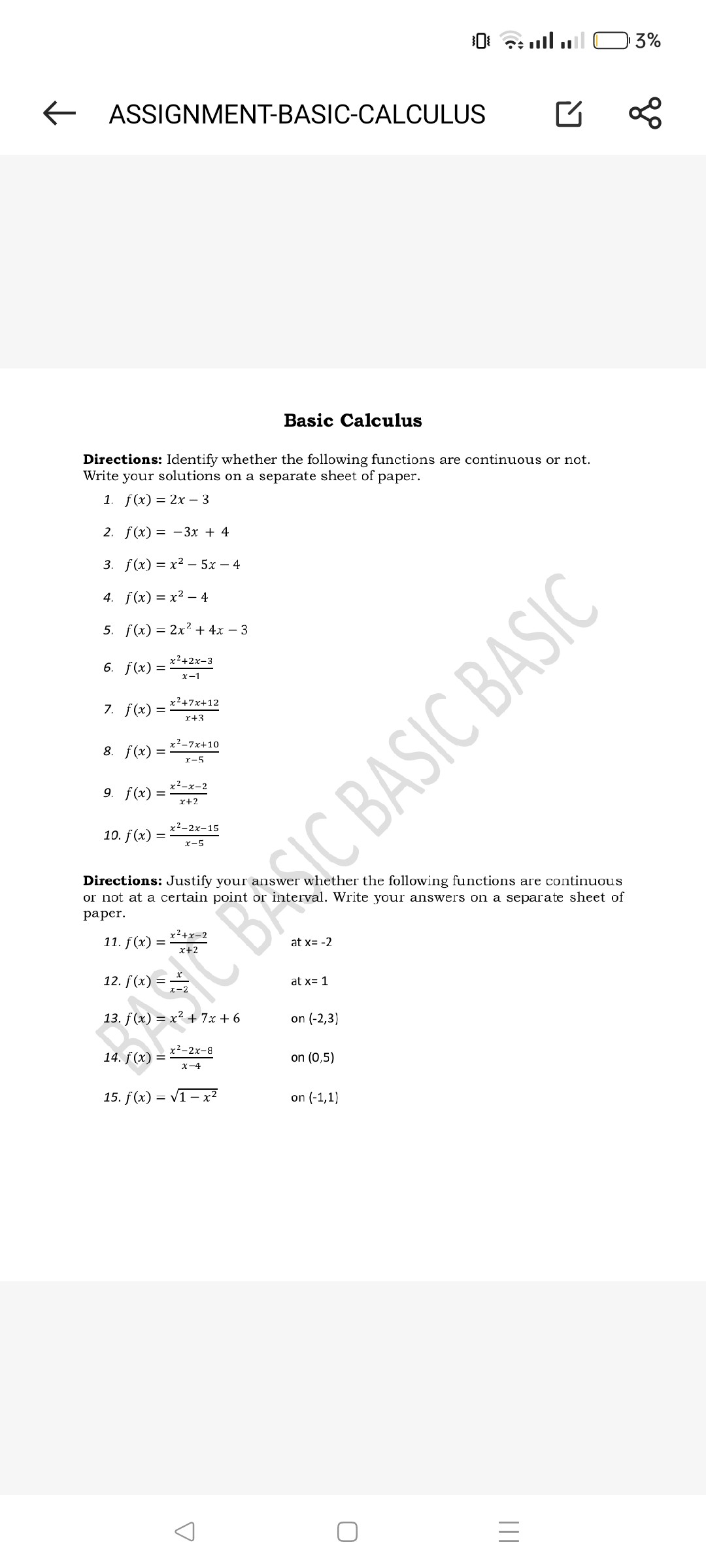 Solved Basic Calculus Directions Identify Whether The Following Functions Are Continuous Or