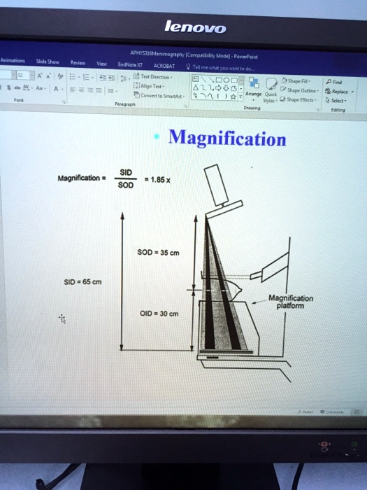 Magnification
Magnification = (SID)/(SOD) = 1.85 x
SID = 65 cm
SOD = 35 cm
OID = 30 cm
Magnification platform