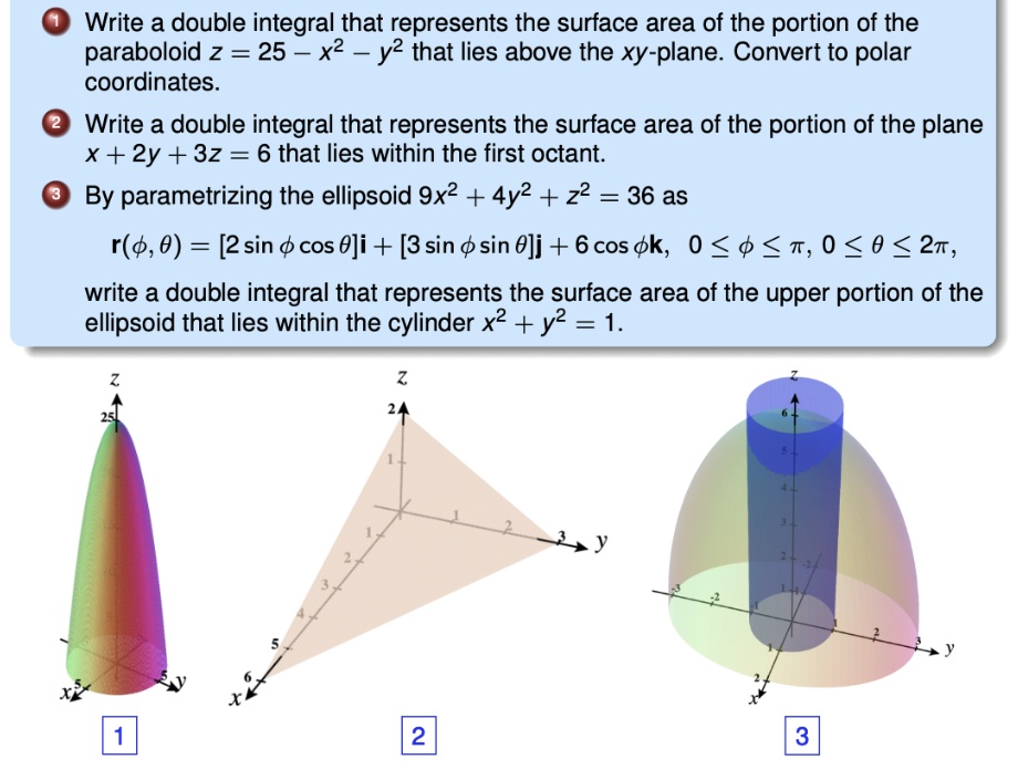 SOLVED:Write a double integral that represents the surface area of the ...