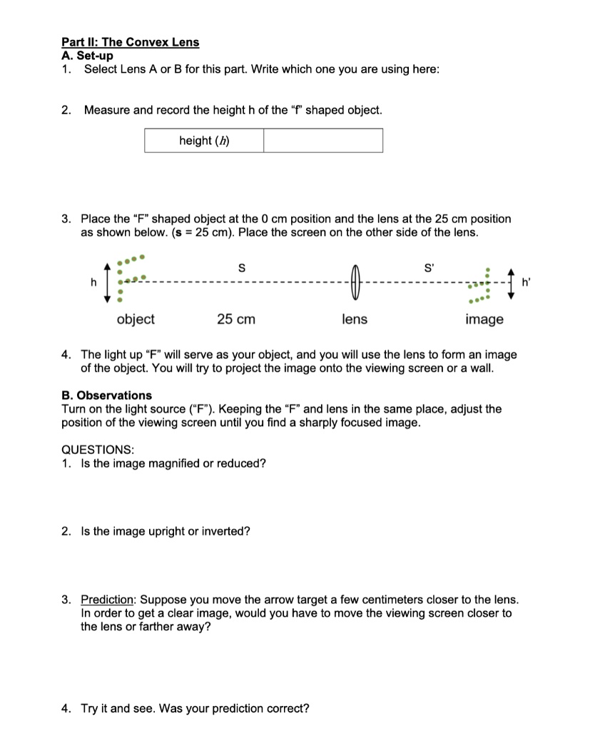 SOLVED Part I The Convex Lens A. Set up Select Lens A or B for